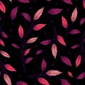 Vector seamless pattern with purple and pink leaves on black background. Royalty Free Stock Photo